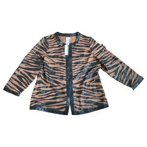 Chicos Travelers Mesh Jacket Size Lg Tan Black Tiger Striped Leather Trim NWT